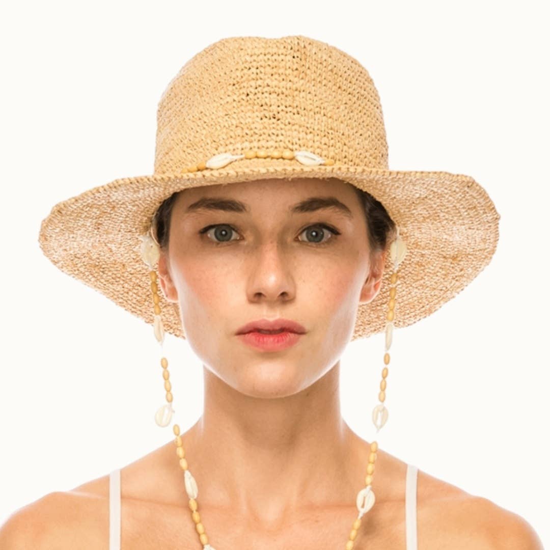 Raffia Straw Crochet Sun Hat with Shell Chin Cord,Adjustable