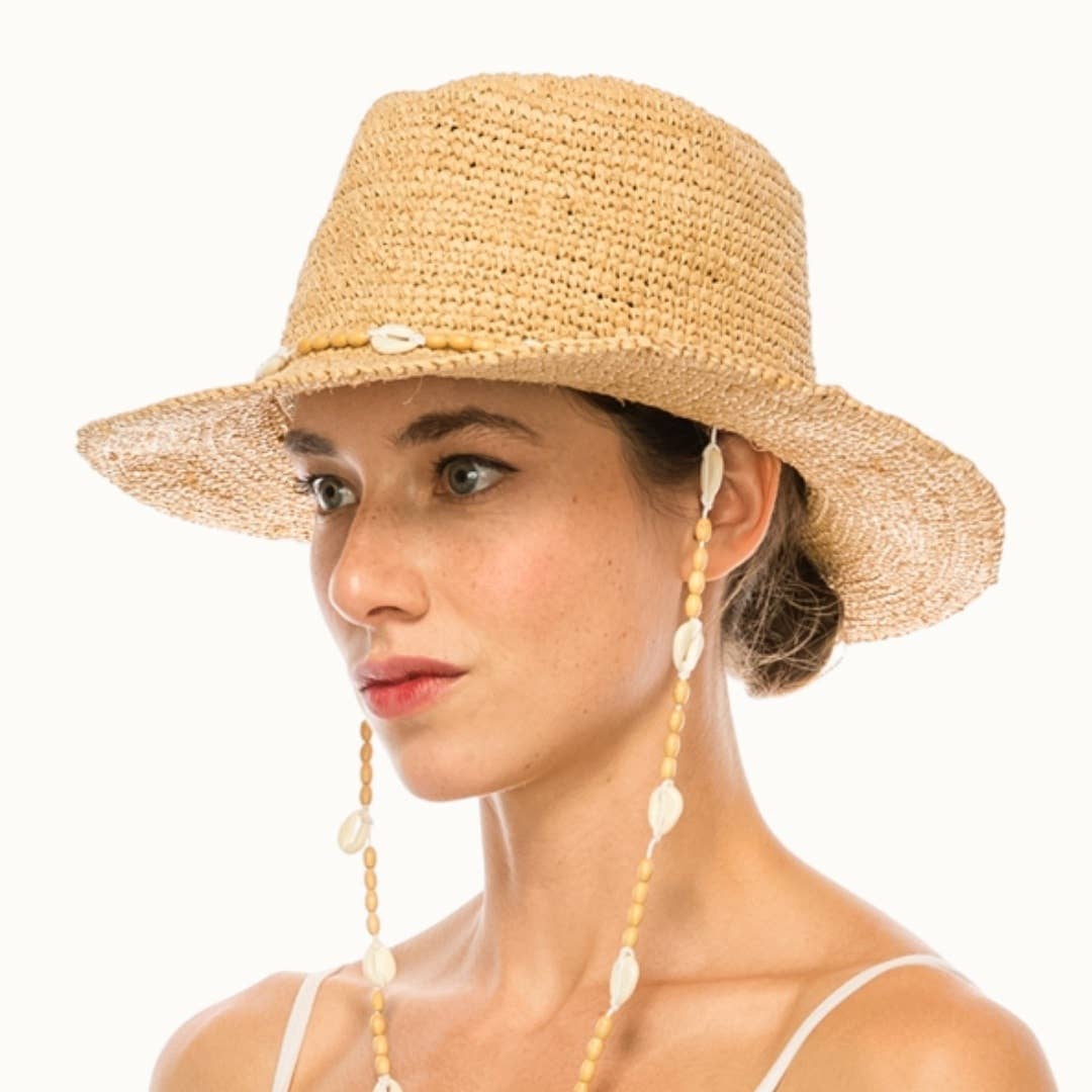 Raffia Straw Crochet Sun Hat with Shell Chin Cord,Adjustable