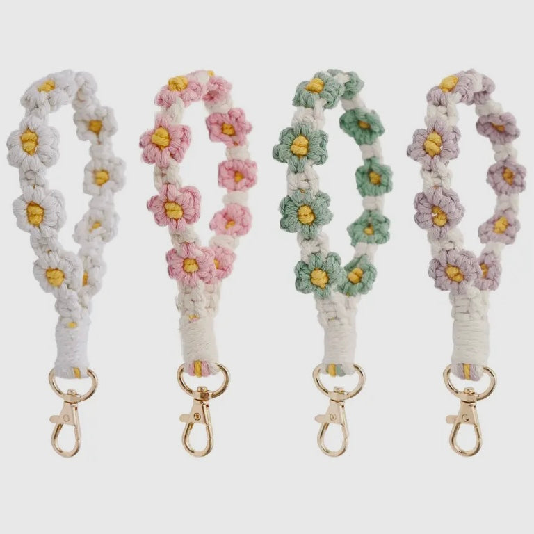 Fall Macrame Daisy Flower Wristlet Keychain