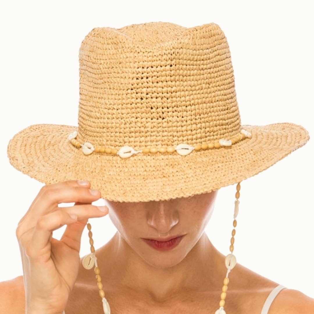 Raffia Straw Crochet Sun Hat with Shell Chin Cord,Adjustable