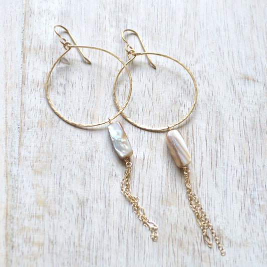Beige Mother of Pearl Hoop Earrings