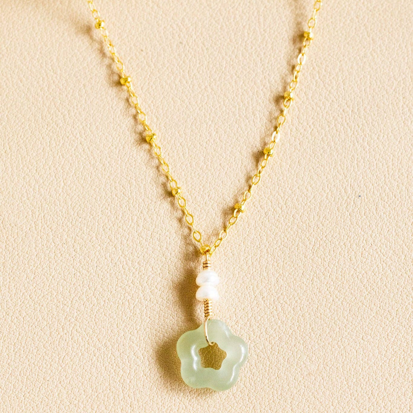 Stacked Button Pearl & Jade Flower Beam Necklace
