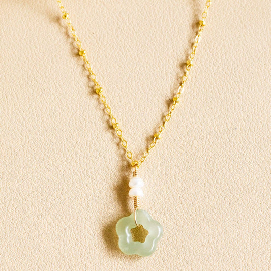 Stacked Button Pearl & Jade Flower Beam Necklace