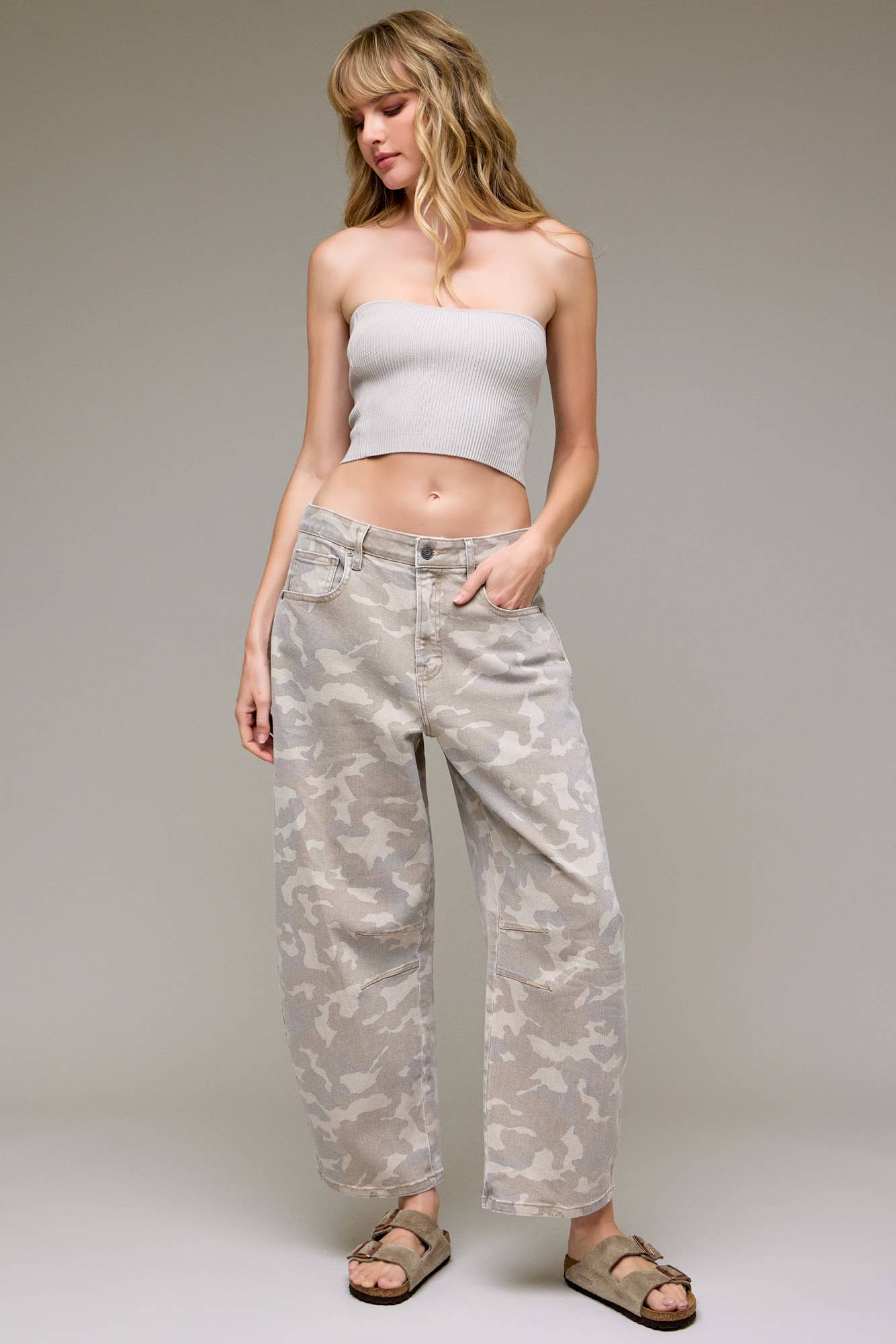 Tan Camo Cropped Barrel Jean