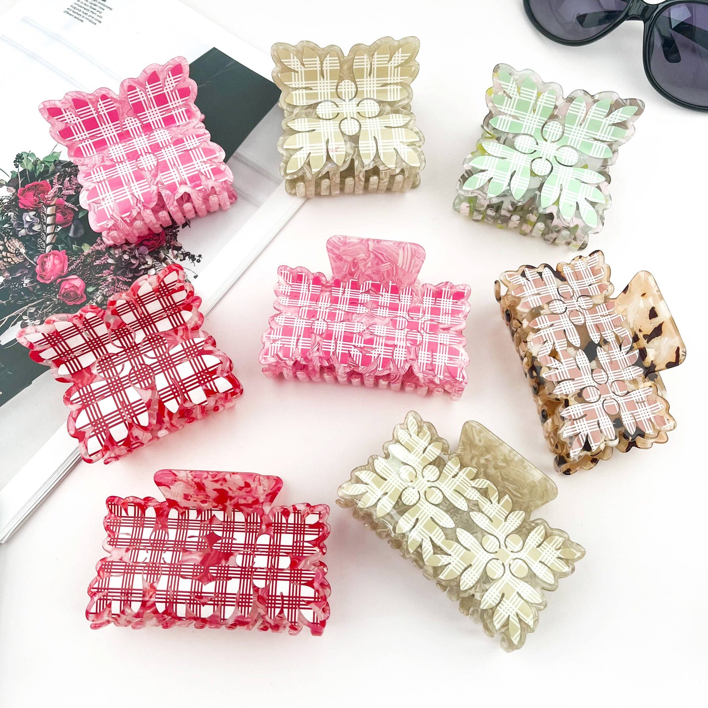 Tropical Leaf Print Square Acrylic Hair Claw Clip