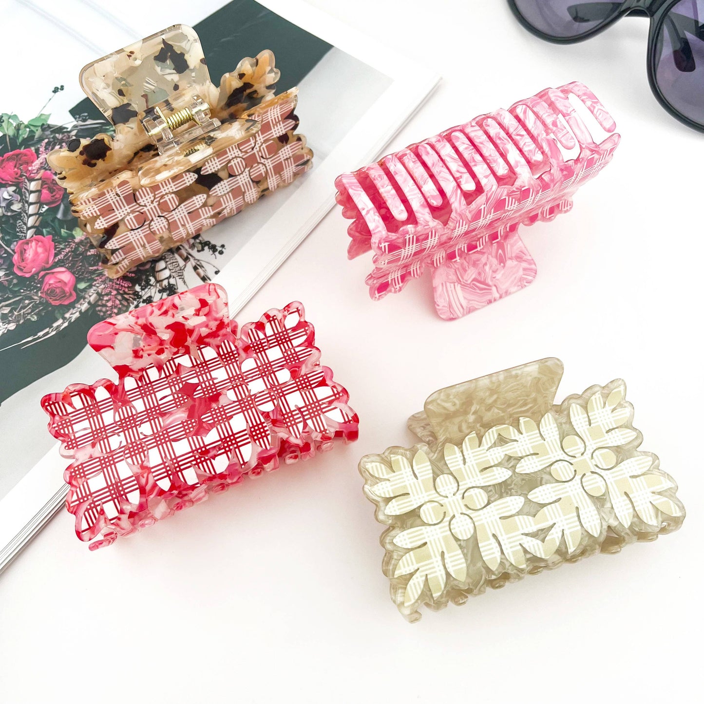 Tropical Leaf Print Square Acrylic Hair Claw Clip