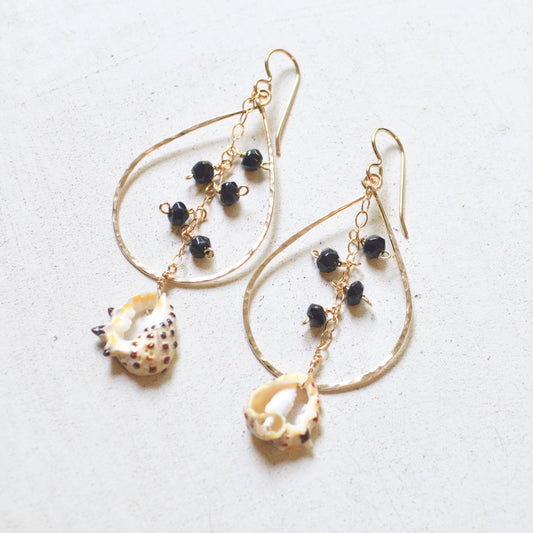 Black Onyx & Drupa Shell Teardrop Earrings in Gold