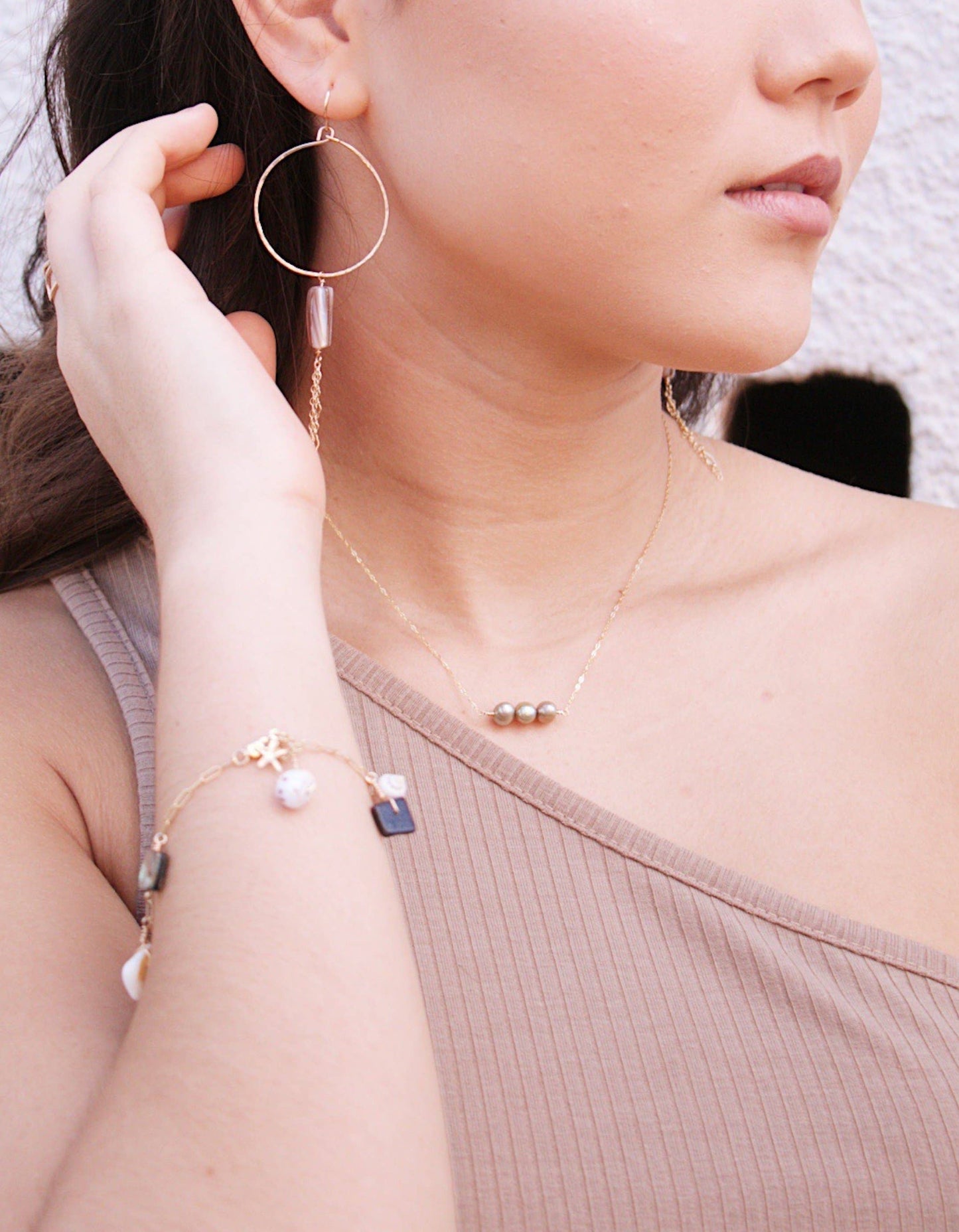 Beige Mother of Pearl Hoop Earrings