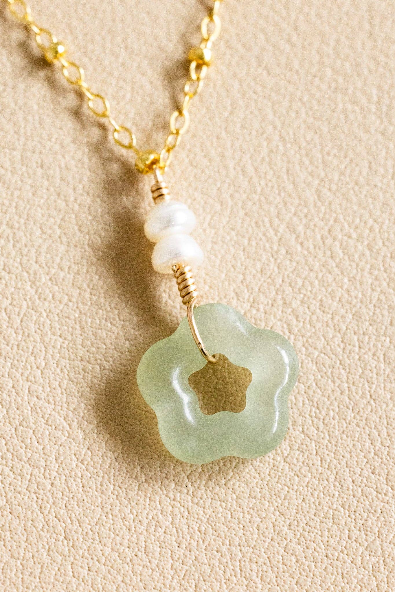 Stacked Button Pearl & Jade Flower Beam Necklace