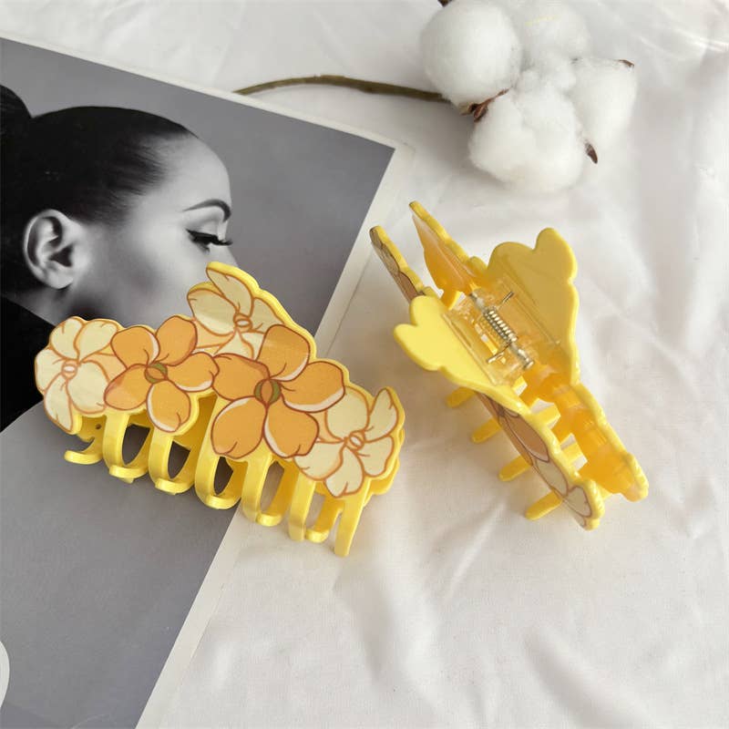 Tropica Yellow Plumeria Blossom Print Hair Claw Clip