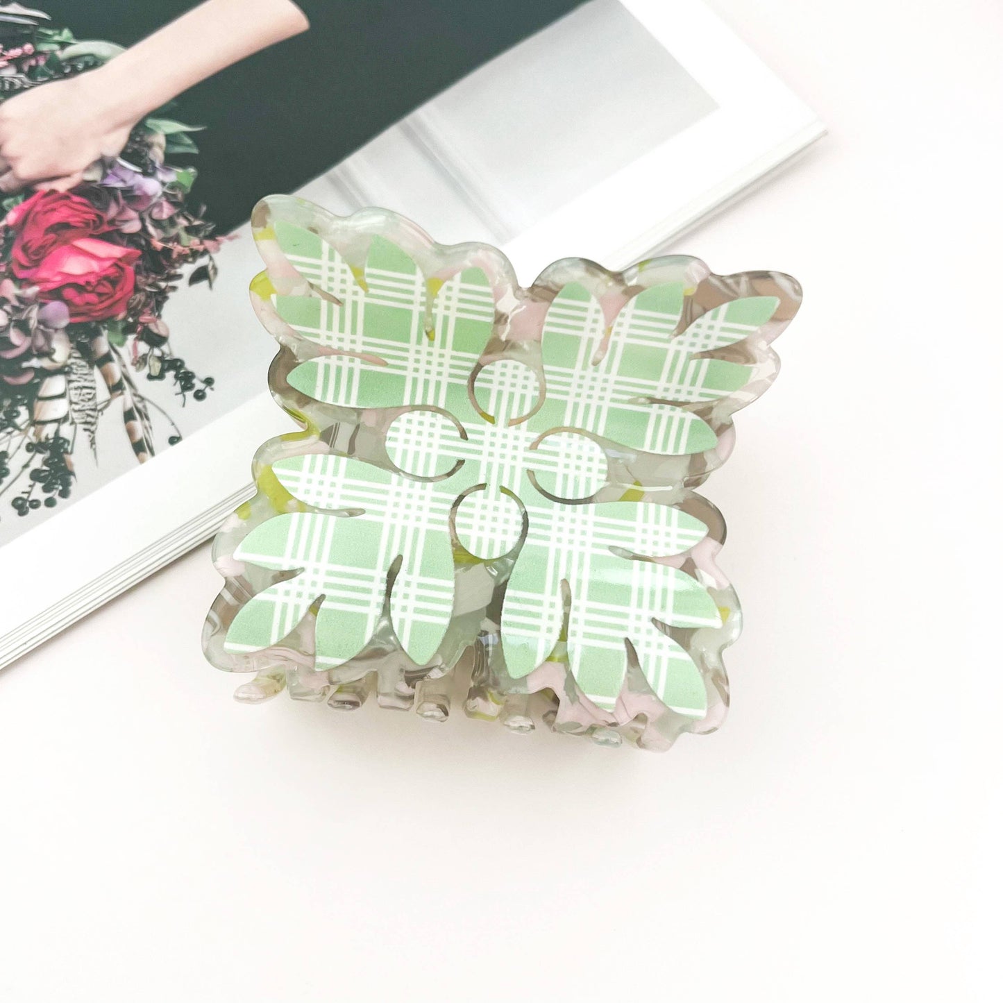 Tropical Leaf Print Square Acrylic Hair Claw Clip