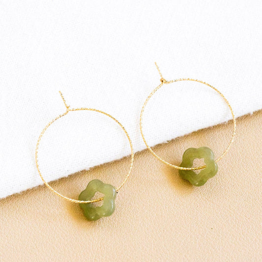 Jade Flower Twisted Hoops