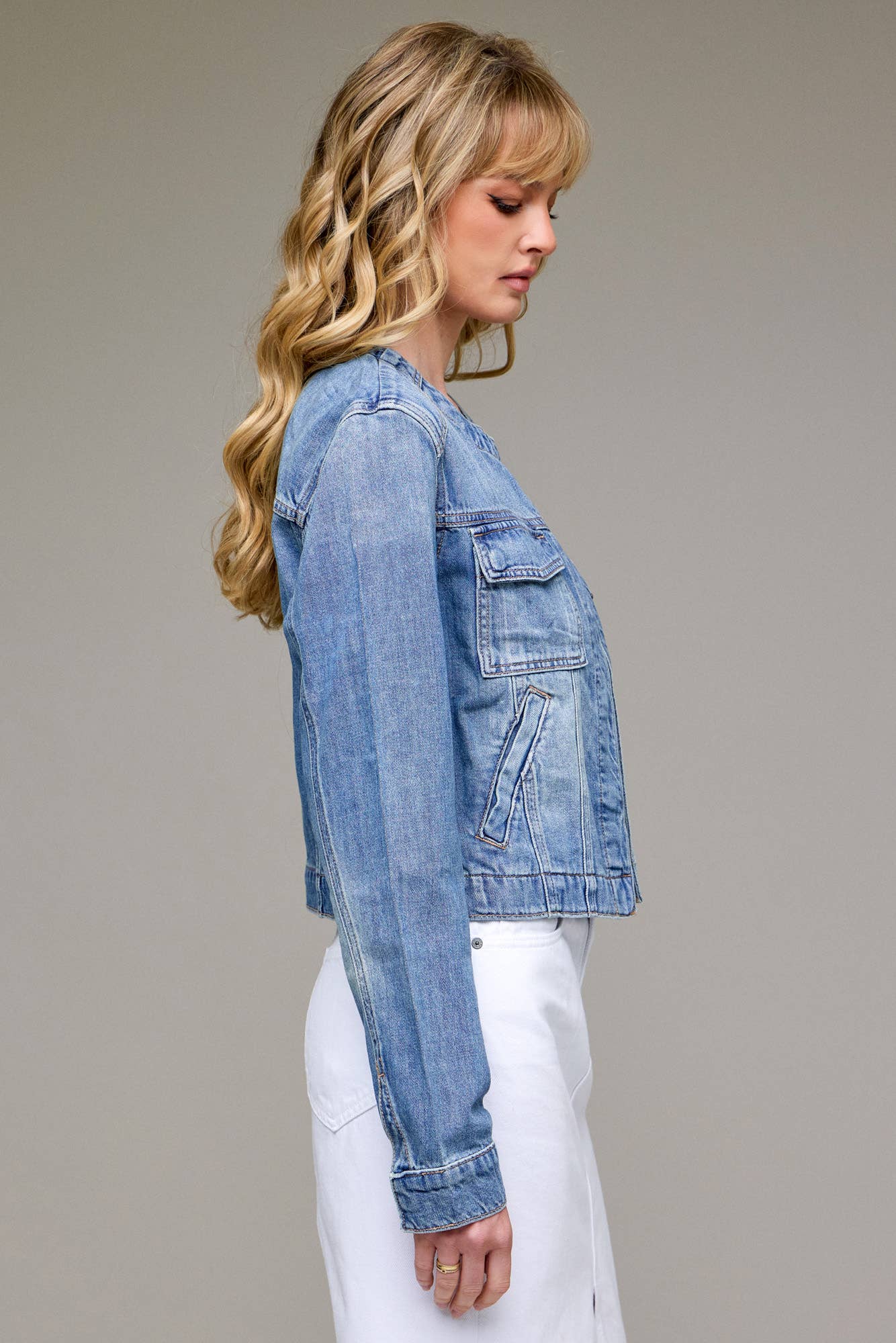 Medium Light Collarless Trucker Jacket