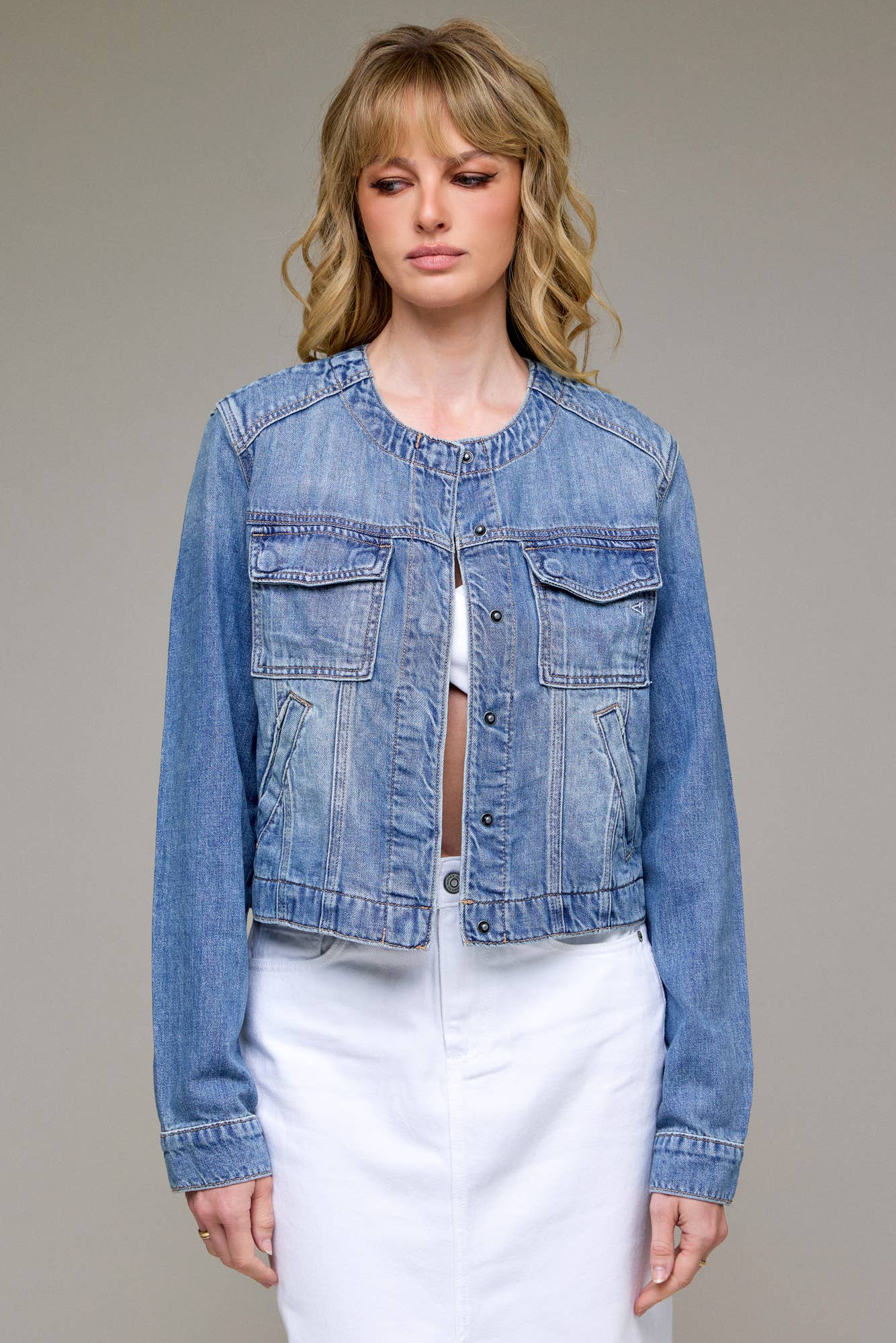 Medium Light Collarless Trucker Jacket