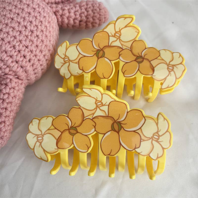 Tropica Yellow Plumeria Blossom Print Hair Claw Clip