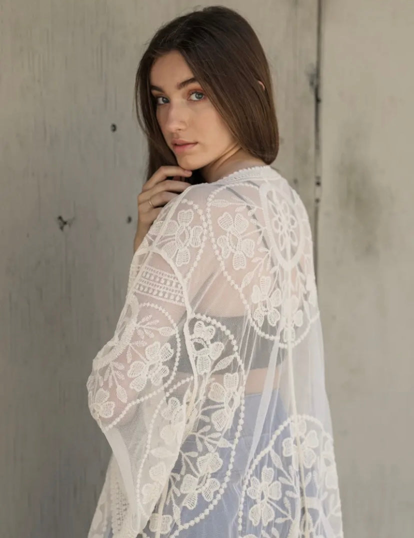 Mesh Cotton Lace Kimono - Ivory