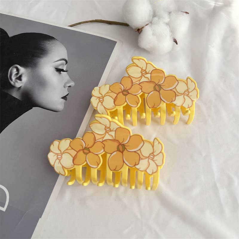 Tropica Yellow Plumeria Blossom Print Hair Claw Clip
