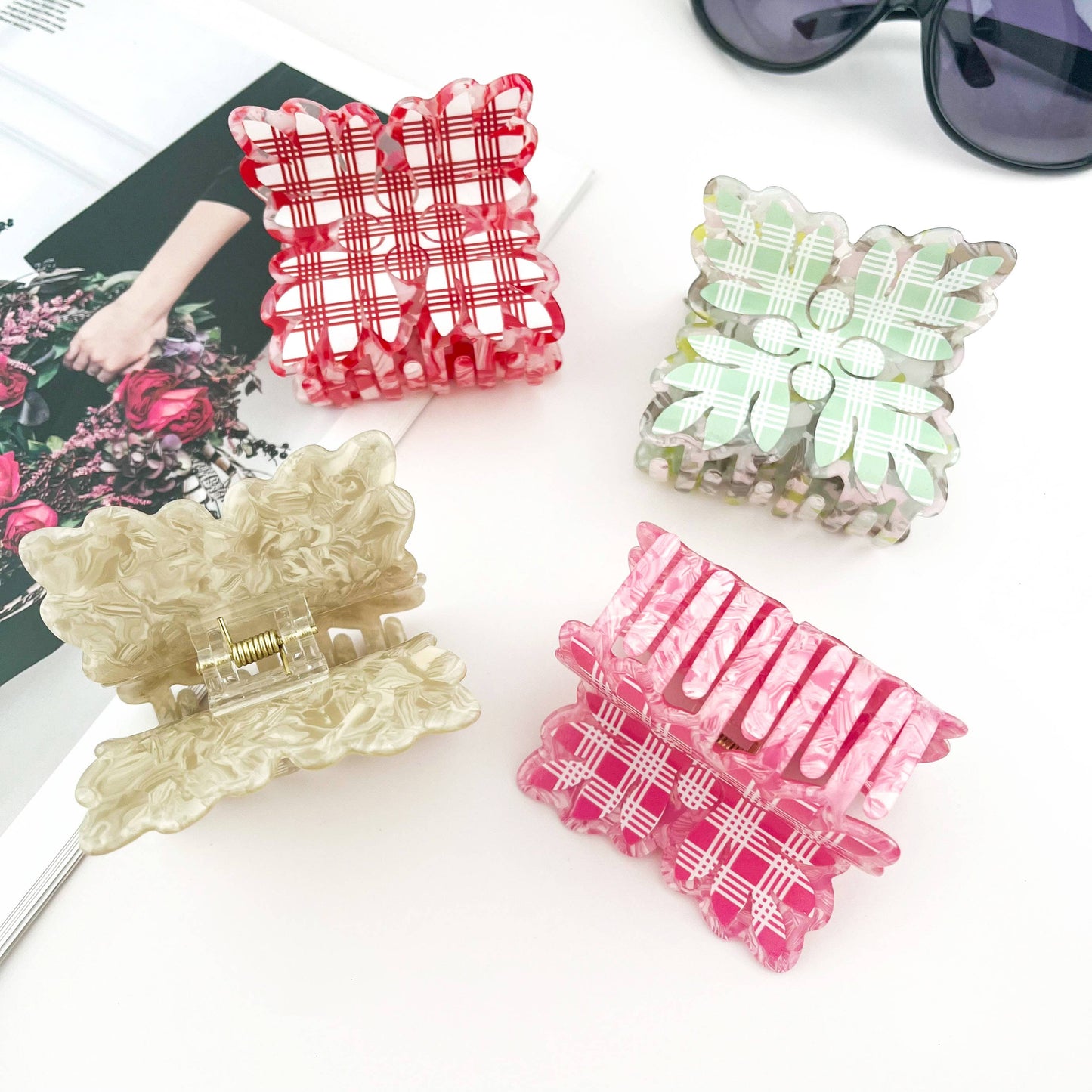 Tropical Leaf Print Square Acrylic Hair Claw Clip