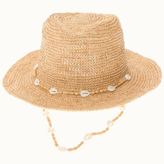 Raffia Straw Crochet Sun Hat with Shell Chin Cord,Adjustable