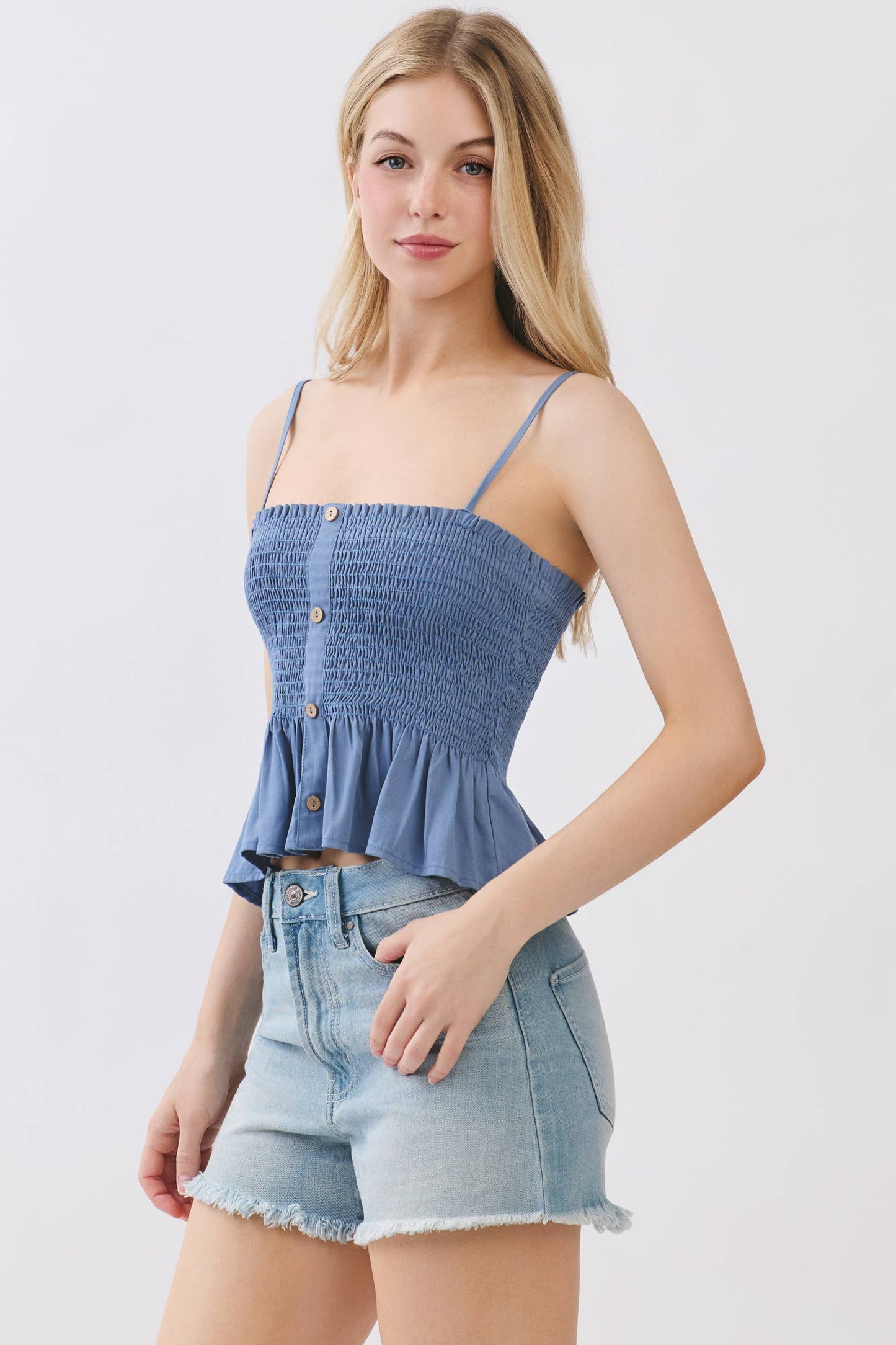 SMOCKED BUTTON DOWN CAMI