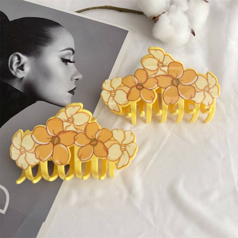 Tropica Yellow Plumeria Blossom Print Hair Claw Clip