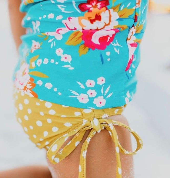 Kids Mustard Teal Floral Rashguard Swimsuit